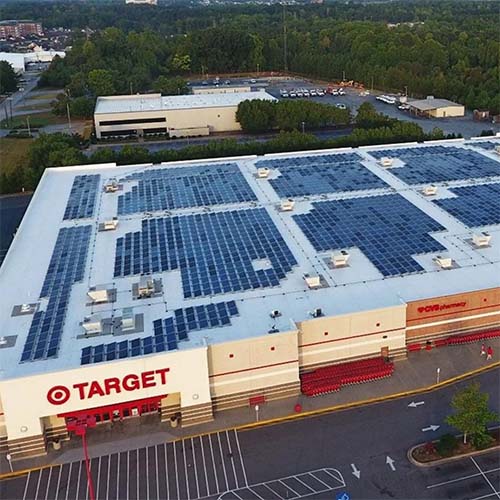 Aerial view of a rooftop solar array on Target